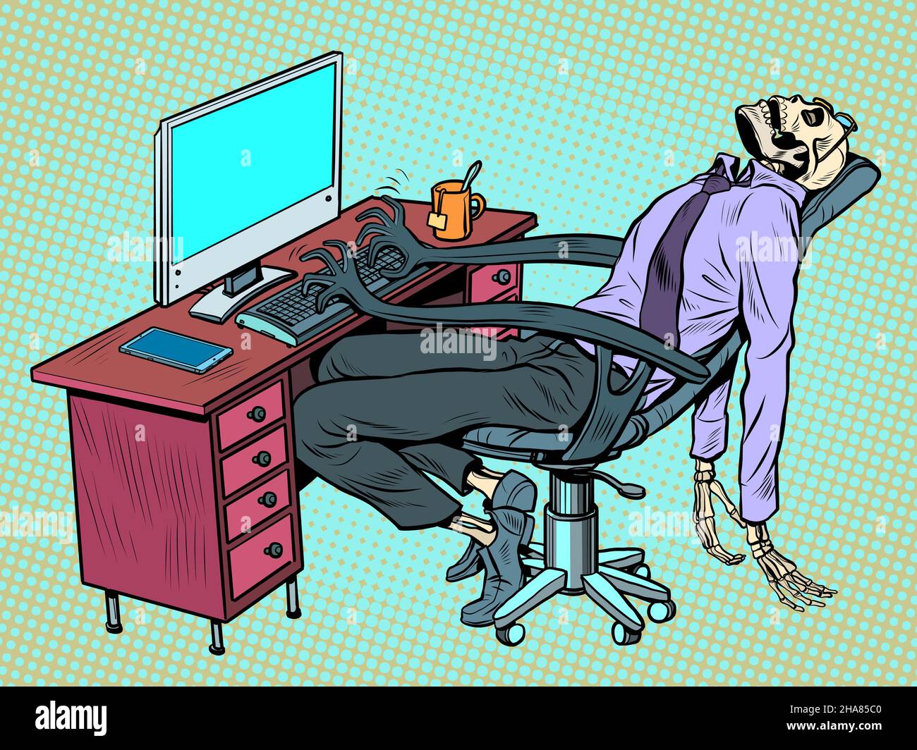 El hombre de negocios murió en la oficina, pero la silla del robot sigue trabajando para él en la computadora Ilustración del Vector