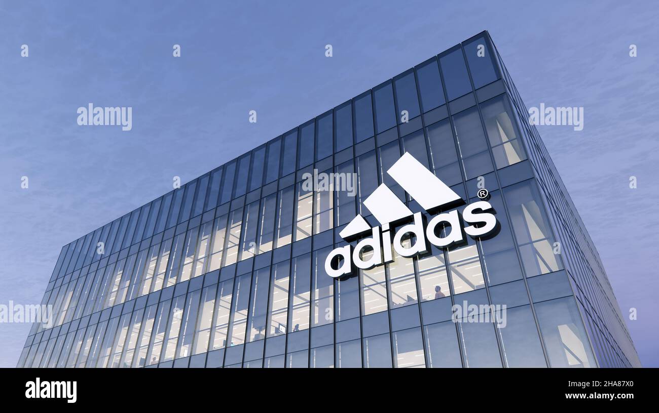 Herzogenaurach, Alemania. 17 de octubre de 2021, Sólo para uso editorial,  3D CGI. Adidas Corporación Multinacional Alemana Sportswear Clothing Company  Signage Log Fotografía de stock - Alamy