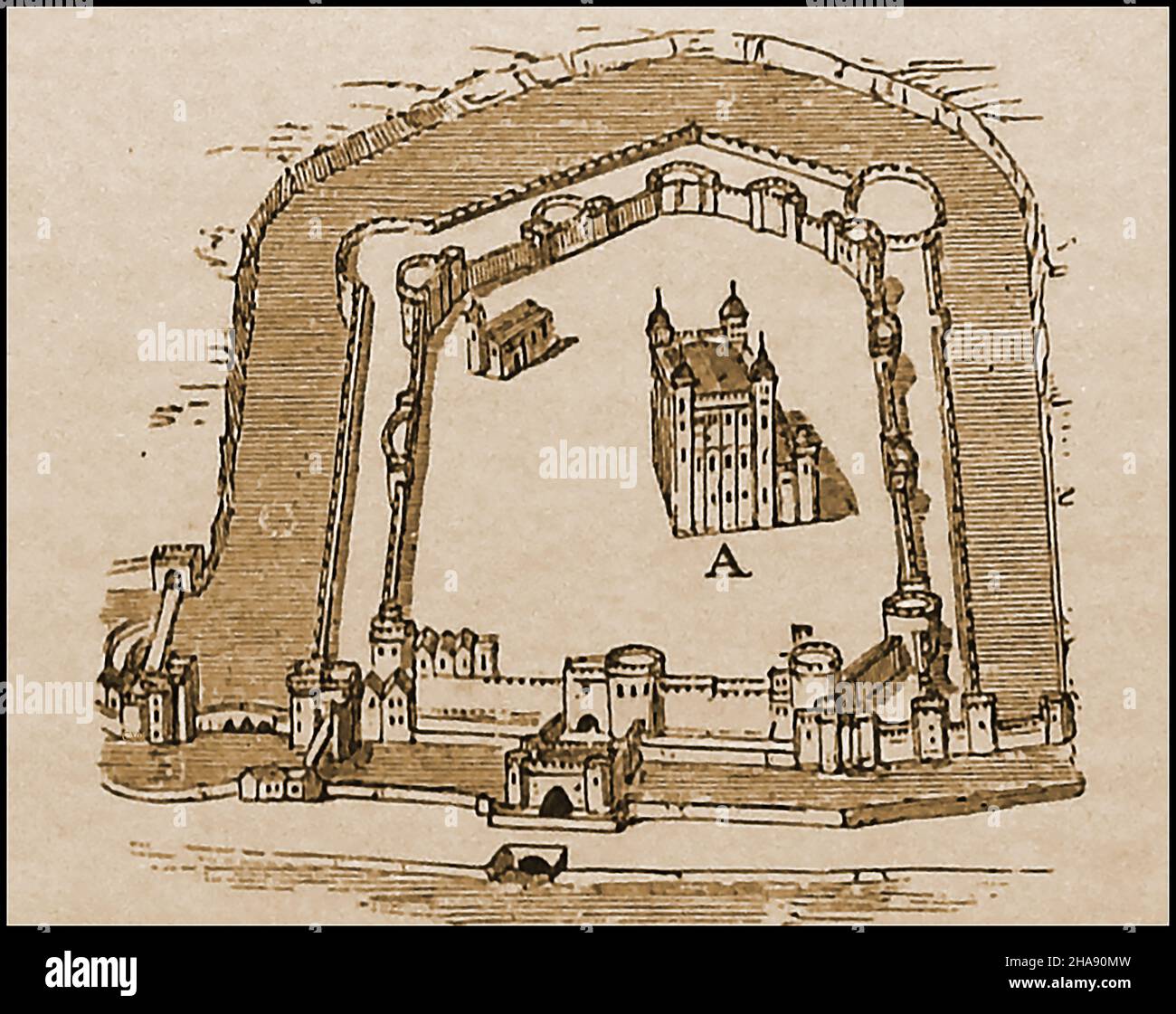 La torre de Londres en la época del rey Enrique VIII (1491 – 1547) con Donjon marcado A. Conocido oficialmente como el Palacio Real de Su Majestad y la Fortaleza de la Torre de Londres en la época moderna, el histórico castillo se encuentra en la orilla norte del río Támesis en el centro de Londres. Posee las Joyas de la Corona Inglesa y ha sido utilizada como prisión. El muro exterior se menciona en la Crónica Anglosajona, afirmando que en 1097 el rey Guillermo II ordenó la construcción de un muro alrededor de la Torre de Londres; Foto de stock
