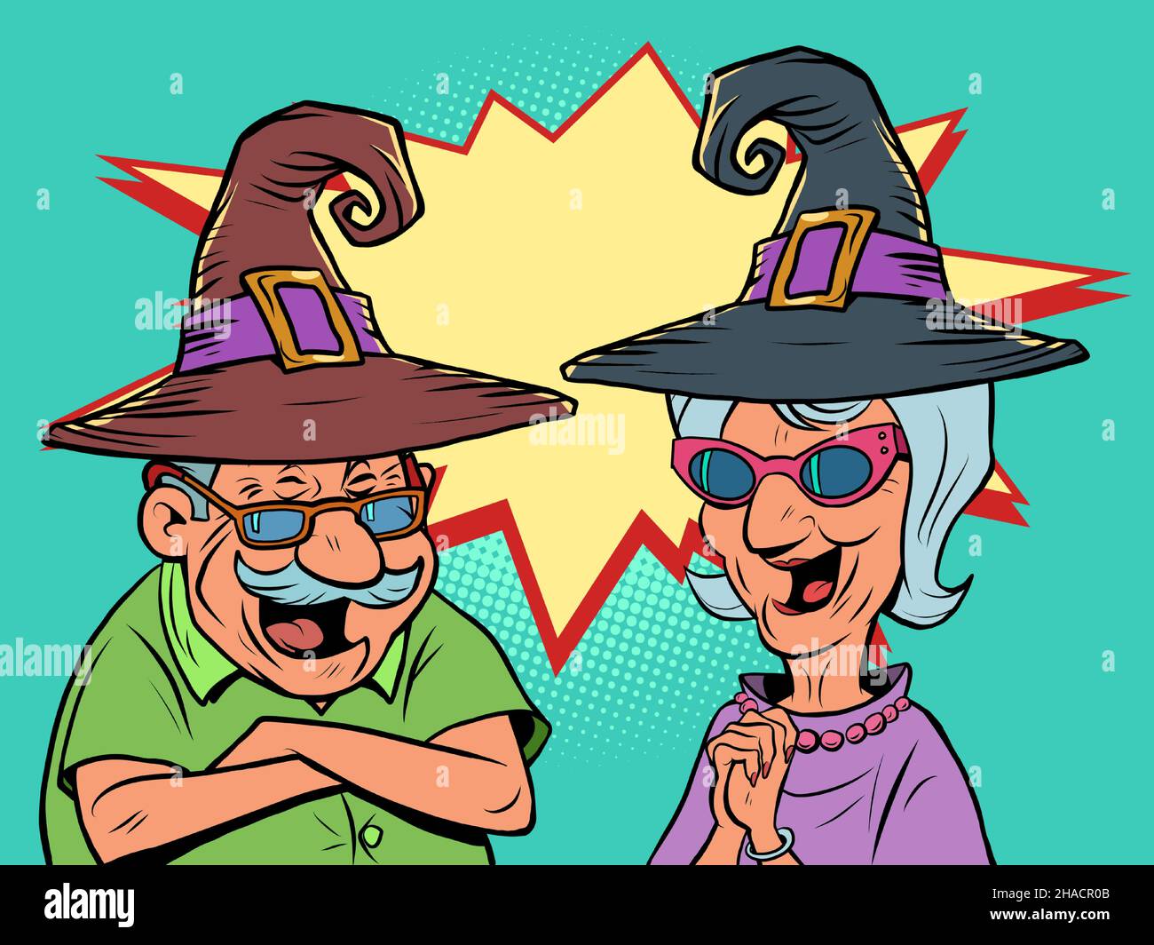 Un anciano y una pareja de mujeres mayores en sombreros de halloween se ríen. Amor y amistad Ilustración del Vector