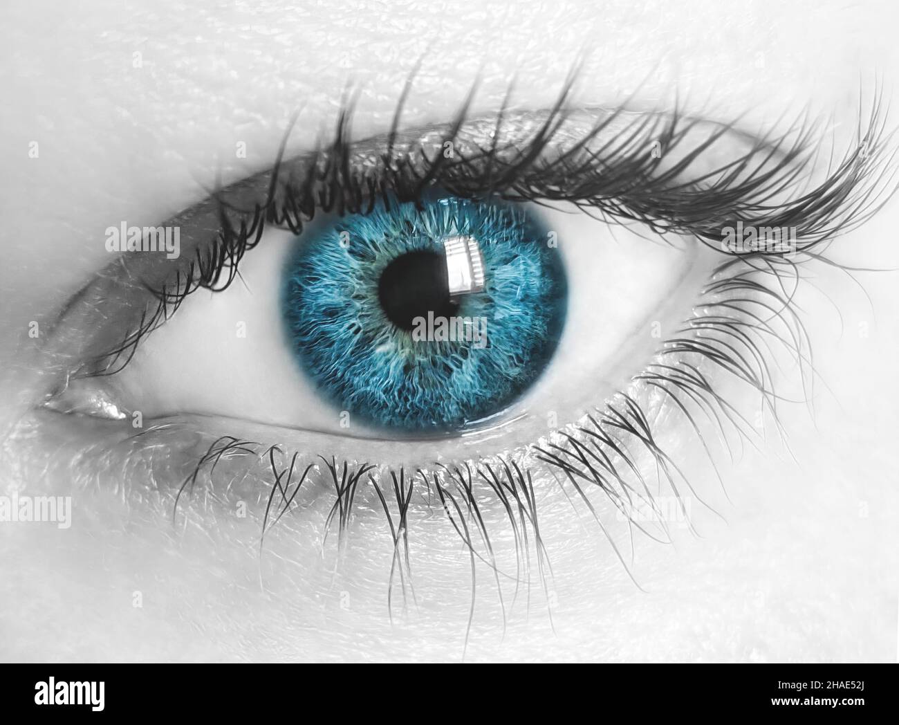 macro imagen del ojo humano con iris azul y piel desaturada. Vista de primer plano Foto de stock