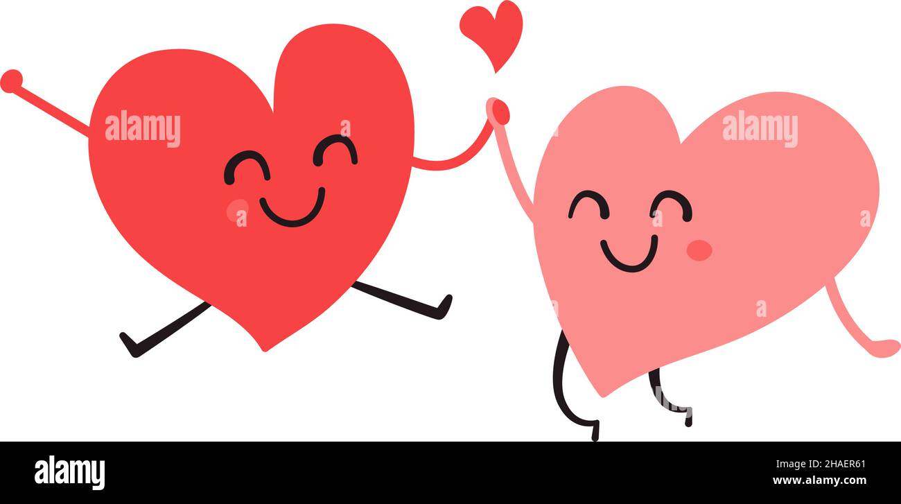 Dos corazones sonrientes felices. Personajes de corazón de dibujos  animados. Pareja enamorada. El amor está en el aire. Amor y amistad.  Concepto de diseño del Día de San Valentín. Romántico Imagen Vector