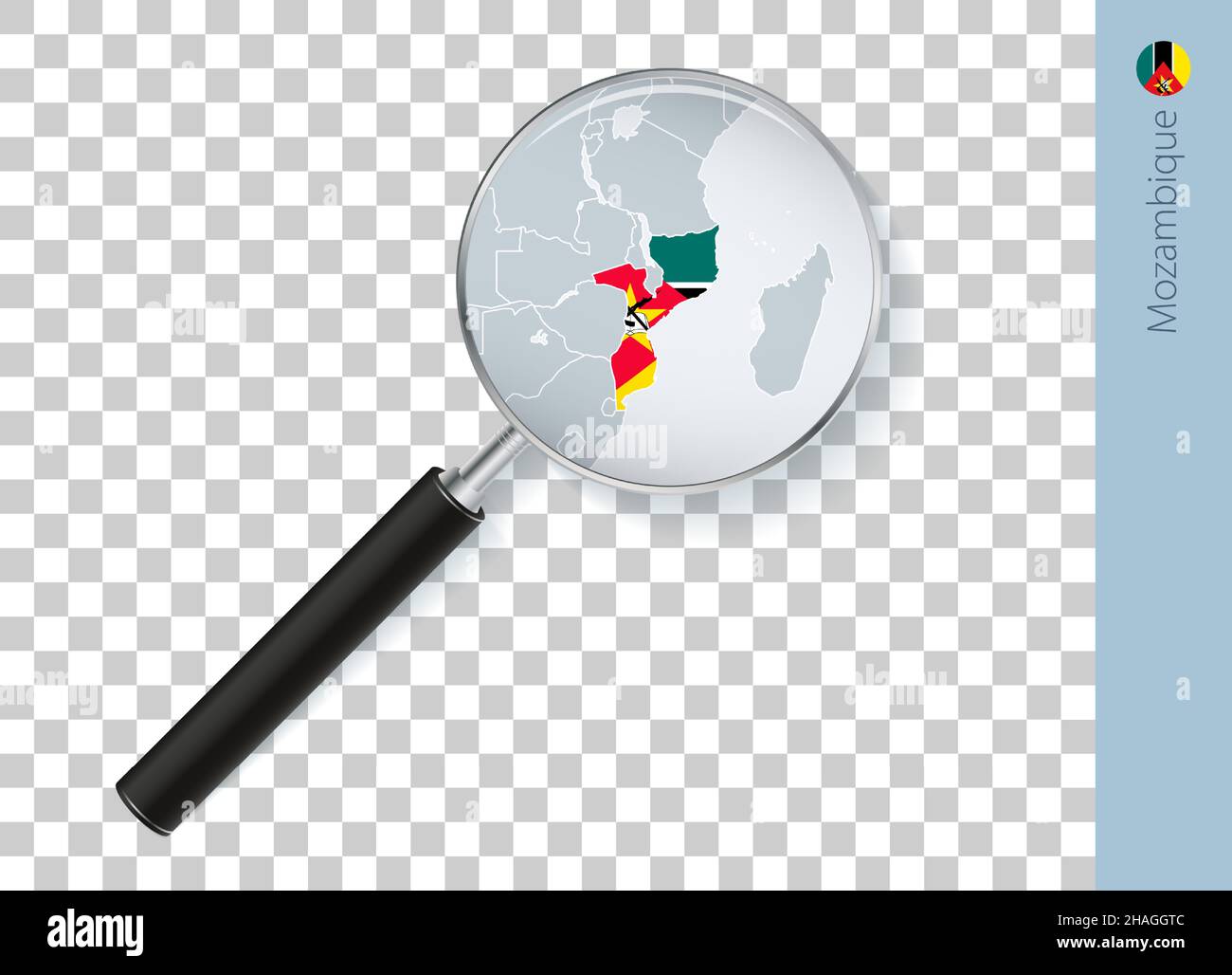 Mapa de Mozambique con bandera en lupa sobre fondo transparente. Lupa vectorial con mapa. Ilustración del Vector