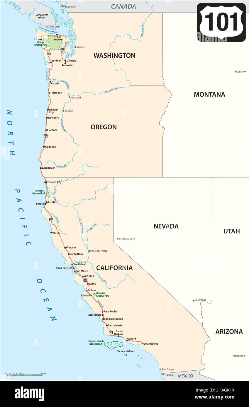 Mapa vectorial de la autopista US 101 en la costa oeste de EE.UU Ilustración del Vector