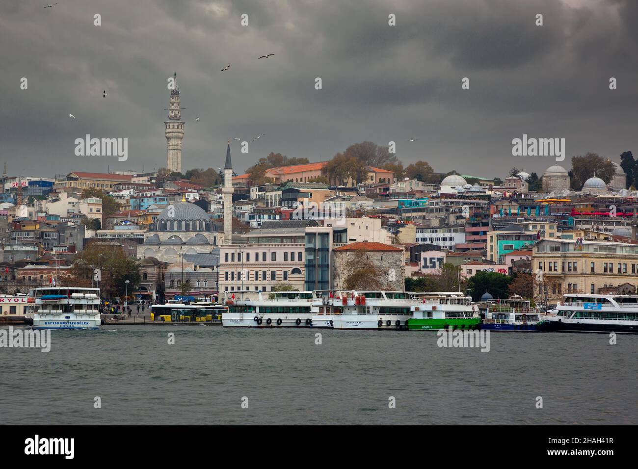 Vista del distrito Eminonu y la famosa Torre Beyazıt desde el Cuerno de Oro de Estambul, noviembre de 2019 Foto de stock