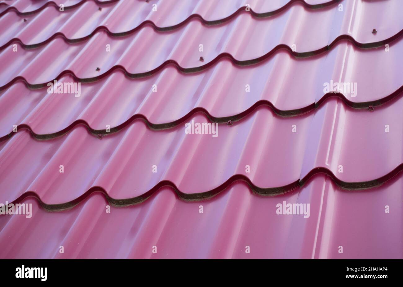 Techo corrugado rojo en forma de ondas de tejas metálicas sobre todo el fondo. Foto de stock