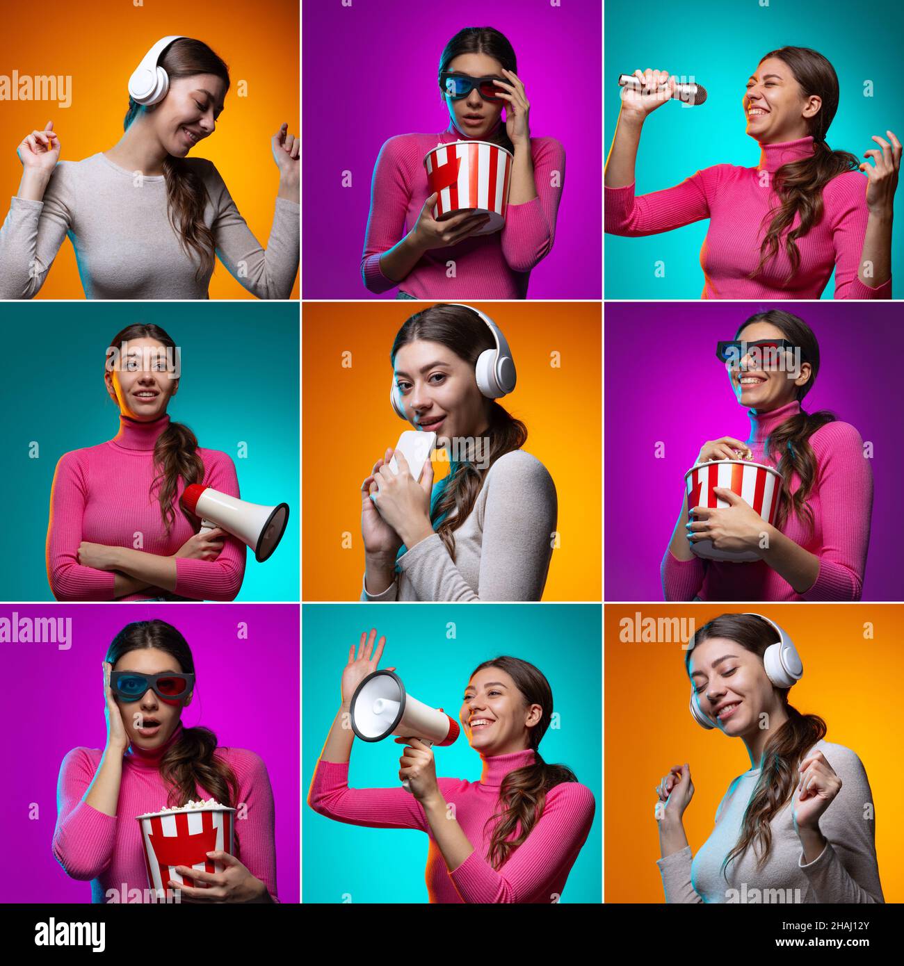 Conjunto de retratos de chicas jóvenes con diferentes emociones