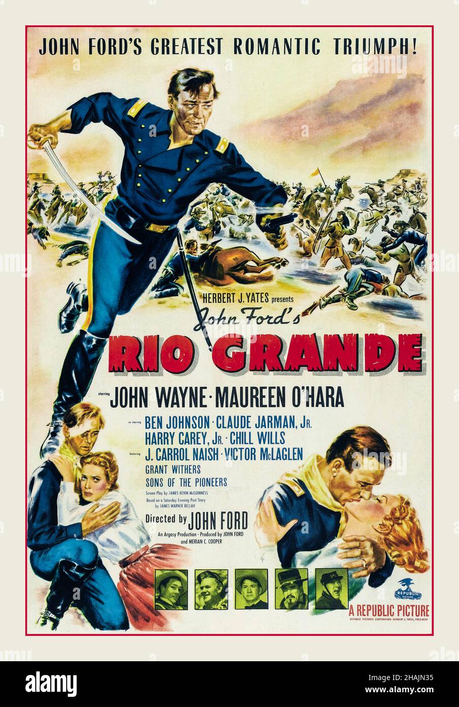 JOHN WAYNE Vintage Movie Film Poster 'Rio Grande' es una película  occidental romántica estadounidense de 1950 dirigida por John Ford, y  protagonizada por John Wayne y Maureen O'Hara. Wayne como Teniente Coronel