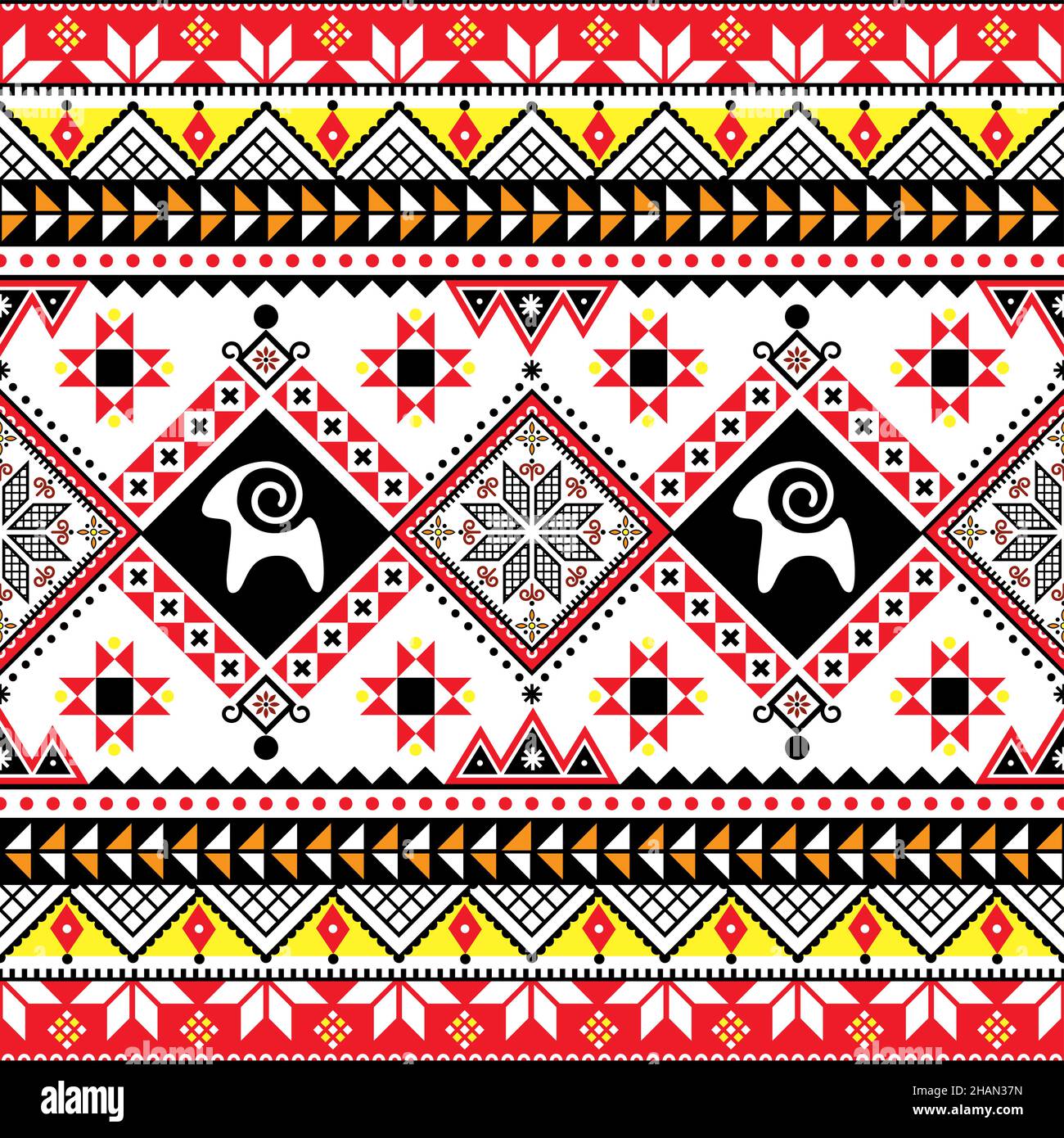 Ucraniano Hutsul Pisanky vector sin costuras patrón con cabras, arte popular geométrico huevos de Pascua diseño repetitivo Ilustración del Vector