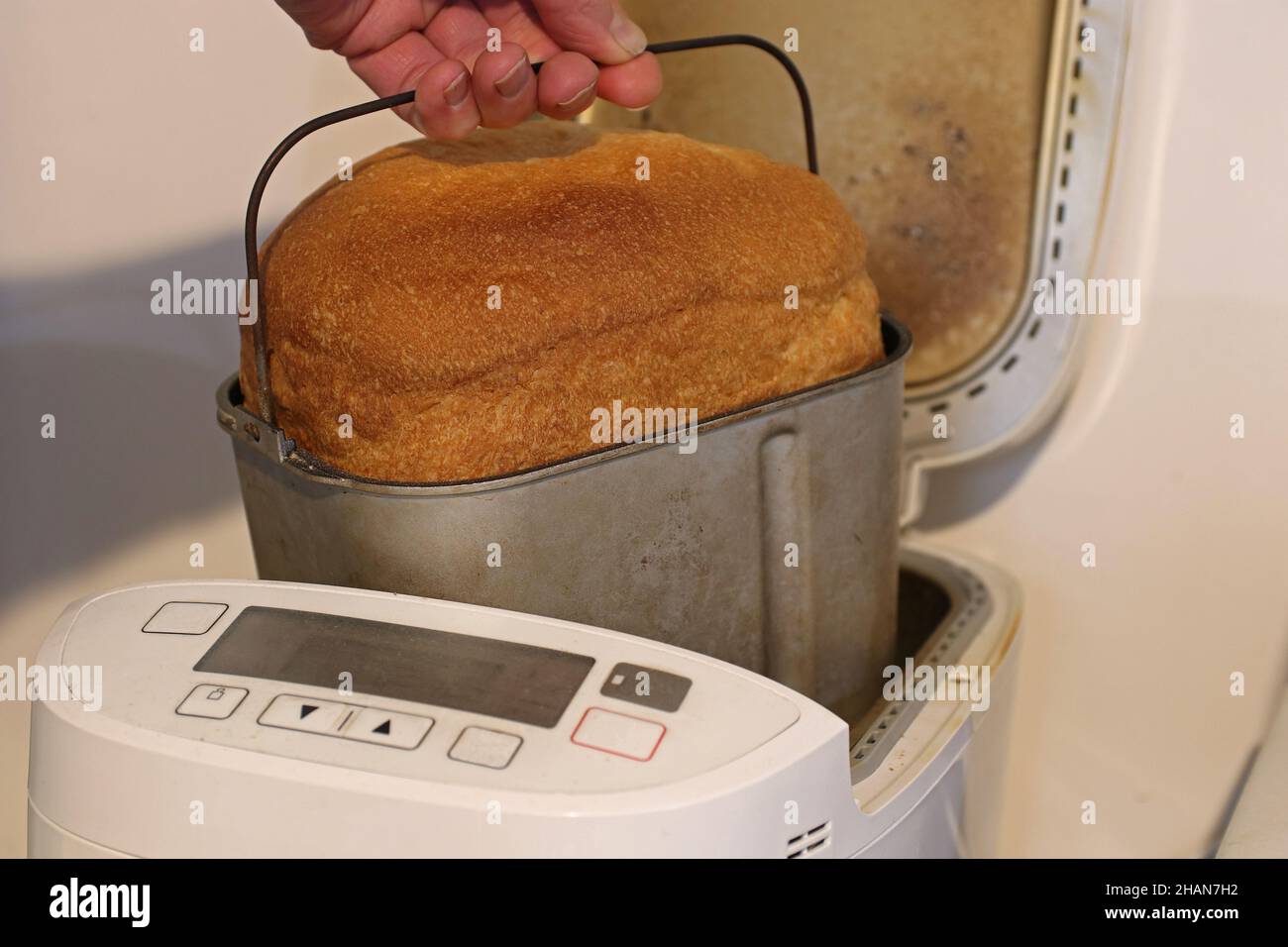 Pan horneado en una panificadora. Foto de stock