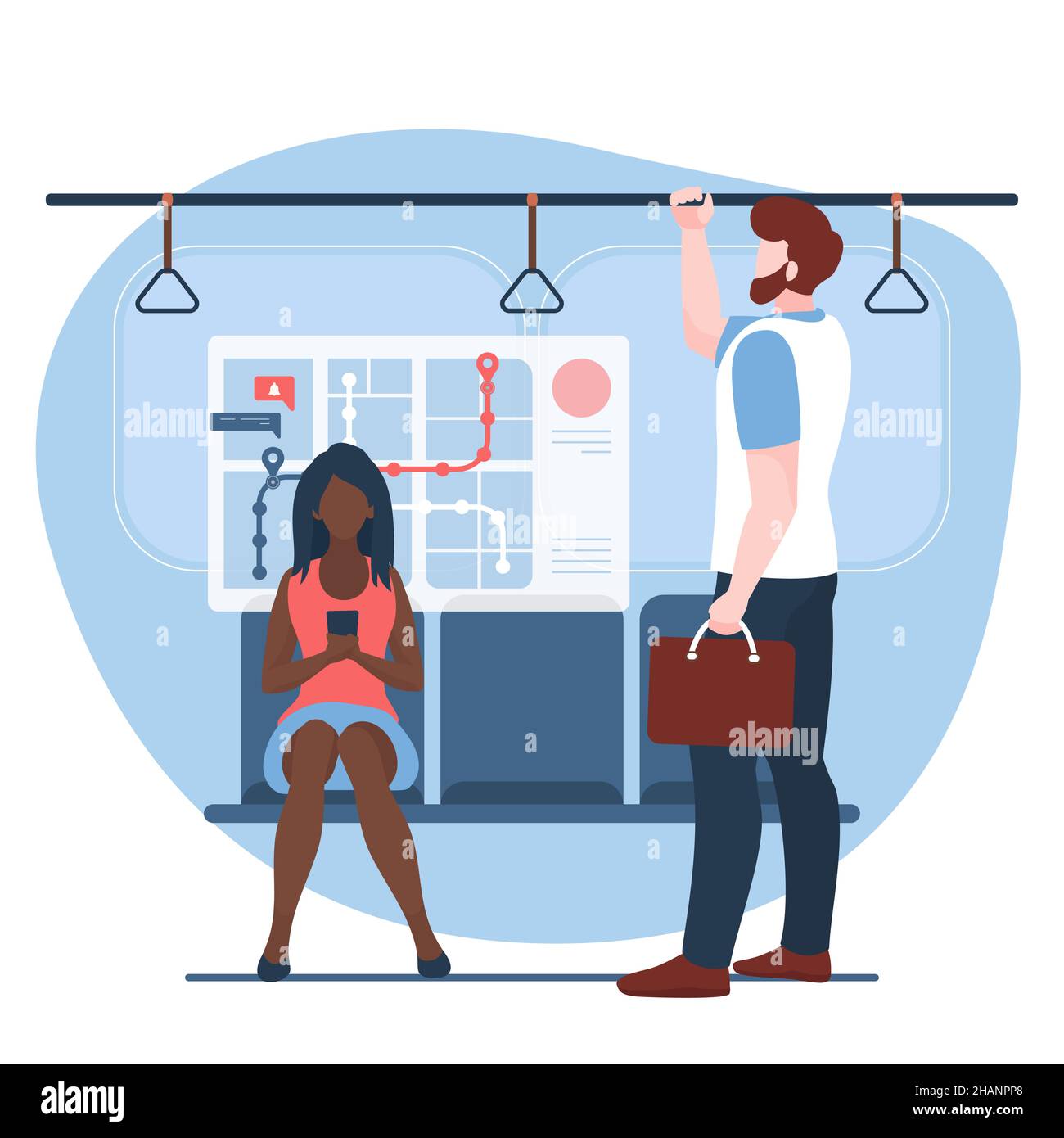 Pasajeros en el transporte del tren del metro dentro de la ilustración del vector. Transporte público subterráneo de dibujos animados con multitud de personas sentadas y de pie, guía de mapas de la ciudad en la pared. Concepto de navegación en metro Ilustración del Vector