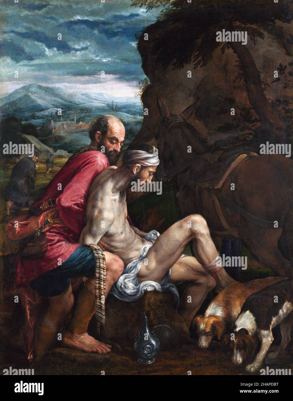 El Buen Samaritano de Jacopo Bassano (1510-1592), óleo sobre lienzo, c. 1562/3 Foto de stock