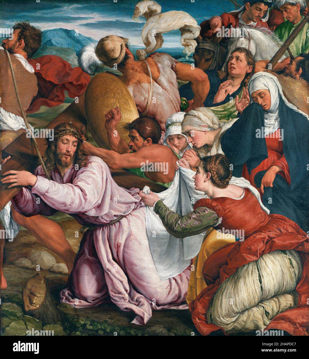 El camino al Calvario por Jacopo Bassano (1510-1592), óleo sobre lienzo, c. 1544/5 Foto de stock