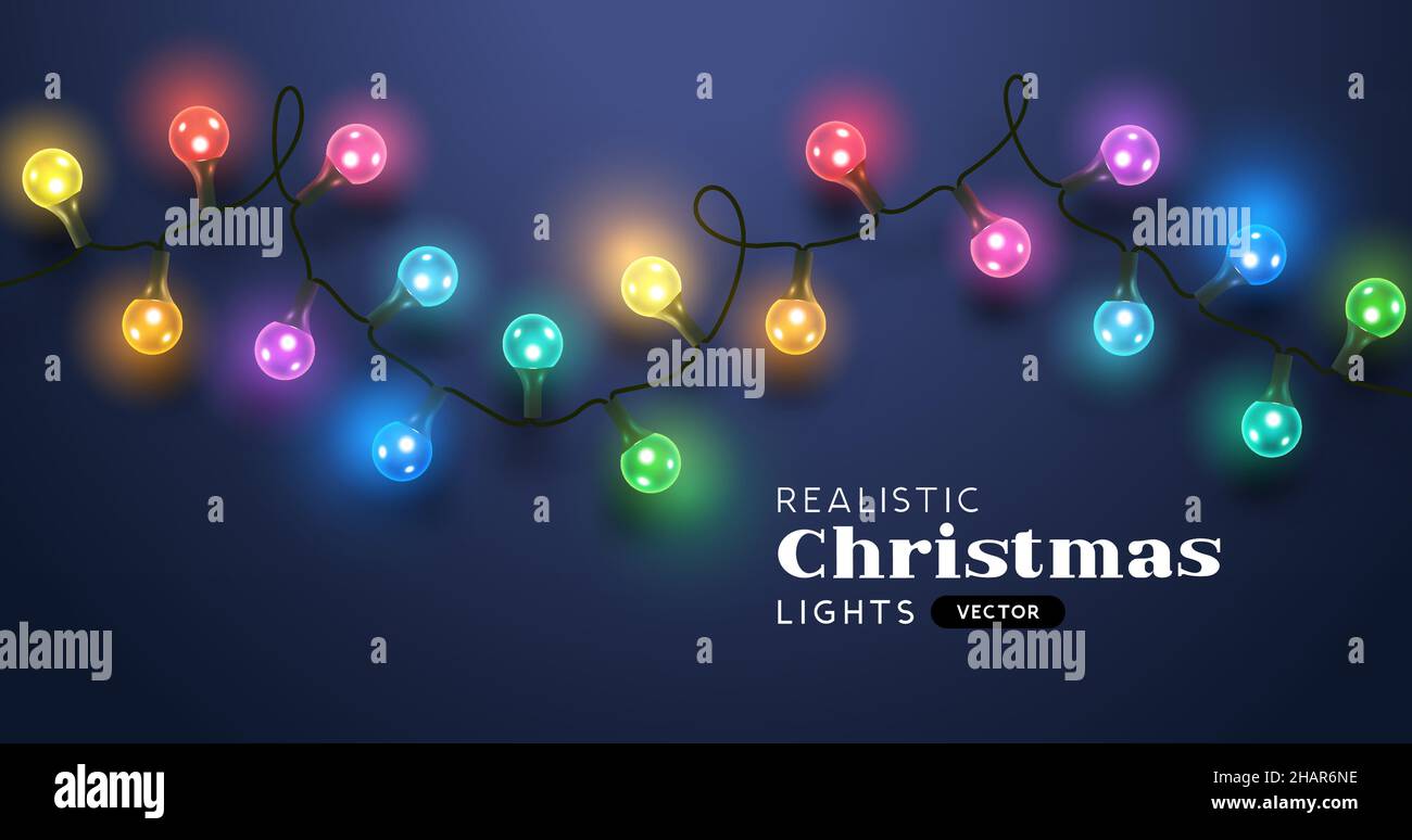 Festiva colorido luces de Navidad cadena de hadas. Diseño de ilustración vectorial de fondo festivo. Ilustración del Vector