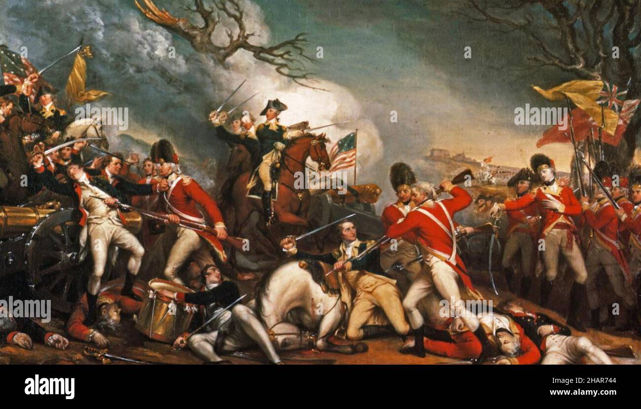BATALLA DE PRINCETON 3 de enero de 1777 durante la Guerra Revolucionaria Americana mostrando la muerte del general americano Hugh Mercer. Pintura por John Trumbull 1831. Foto de stock