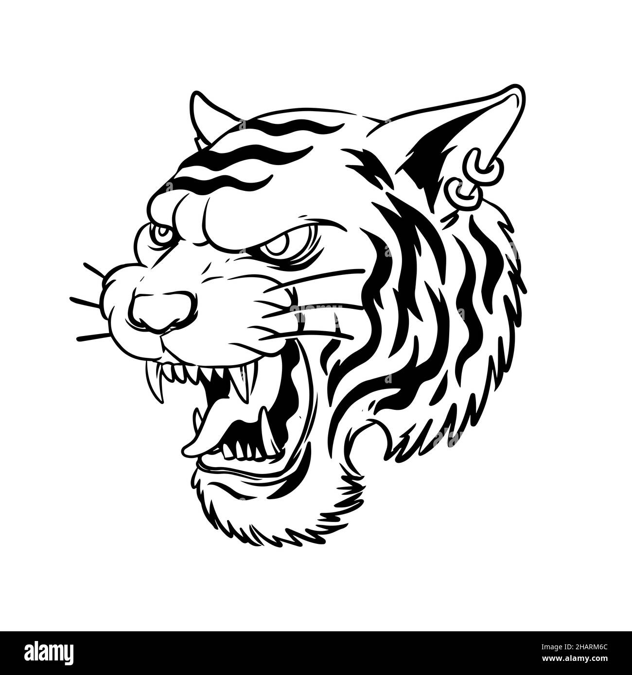 un tigre gruñido desde el lado. una ilustración dibujada a mano de una cabeza de animal salvaje. dibujo de líneas para emblema, cartel, pegatina, tatuaje, etc. Foto de stock