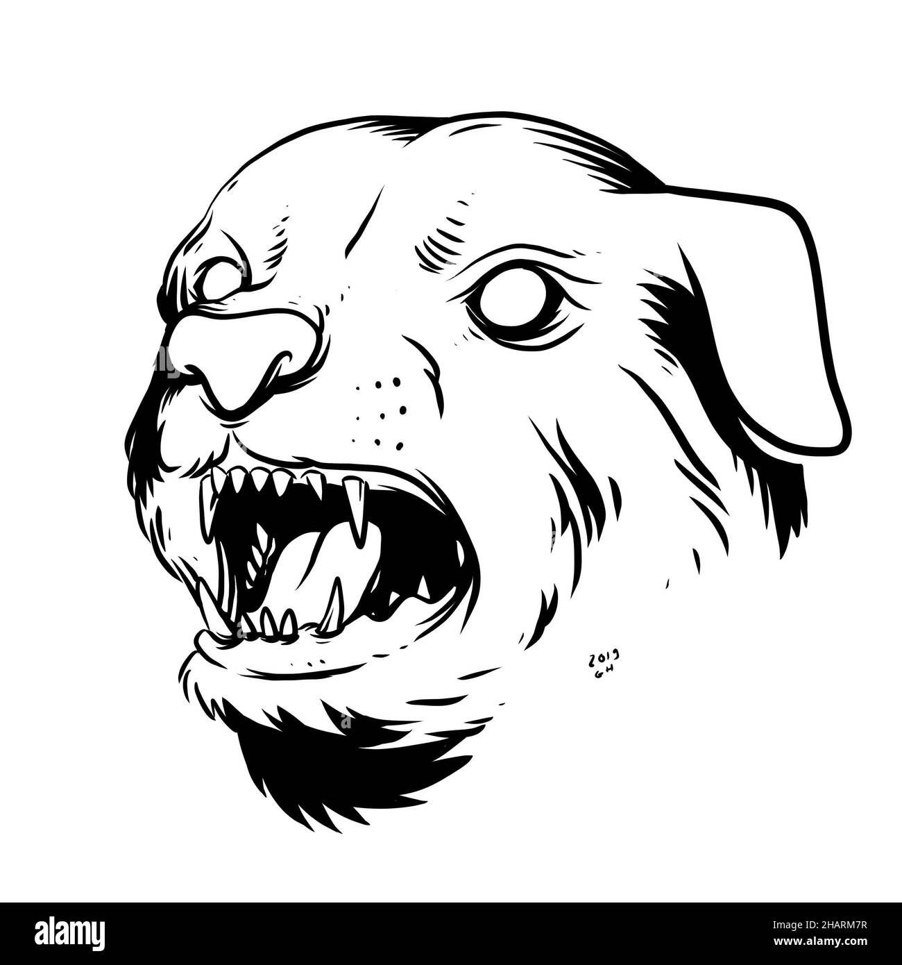 una cara de perro amenazante. una ilustración dibujada a mano de una cabeza de animal salvaje. dibujo de líneas para el emblema, el cartel, la pegatina, el tatuaje, etc. Foto de stock