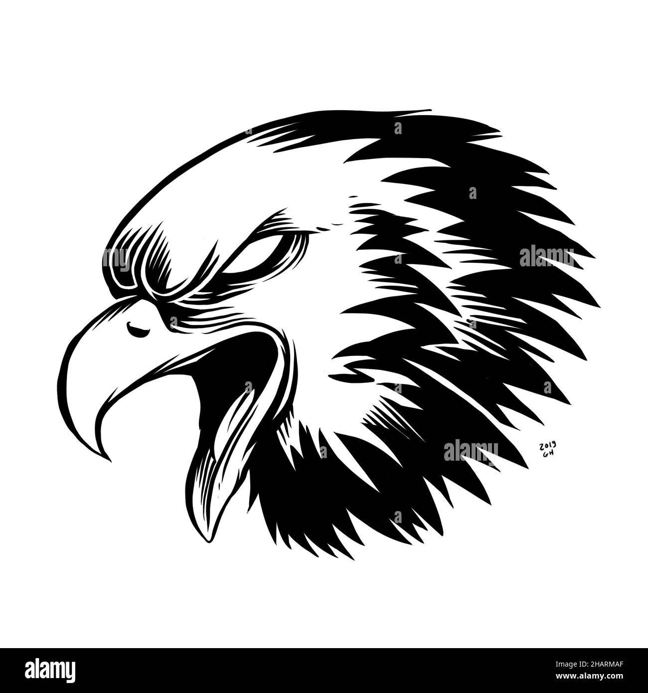 una cara de águila que se aroma. una ilustración dibujada a mano de la cabeza de un animal salvaje. dibujo de líneas para el emblema, el cartel, la pegatina, el tatuaje, etc. Foto de stock