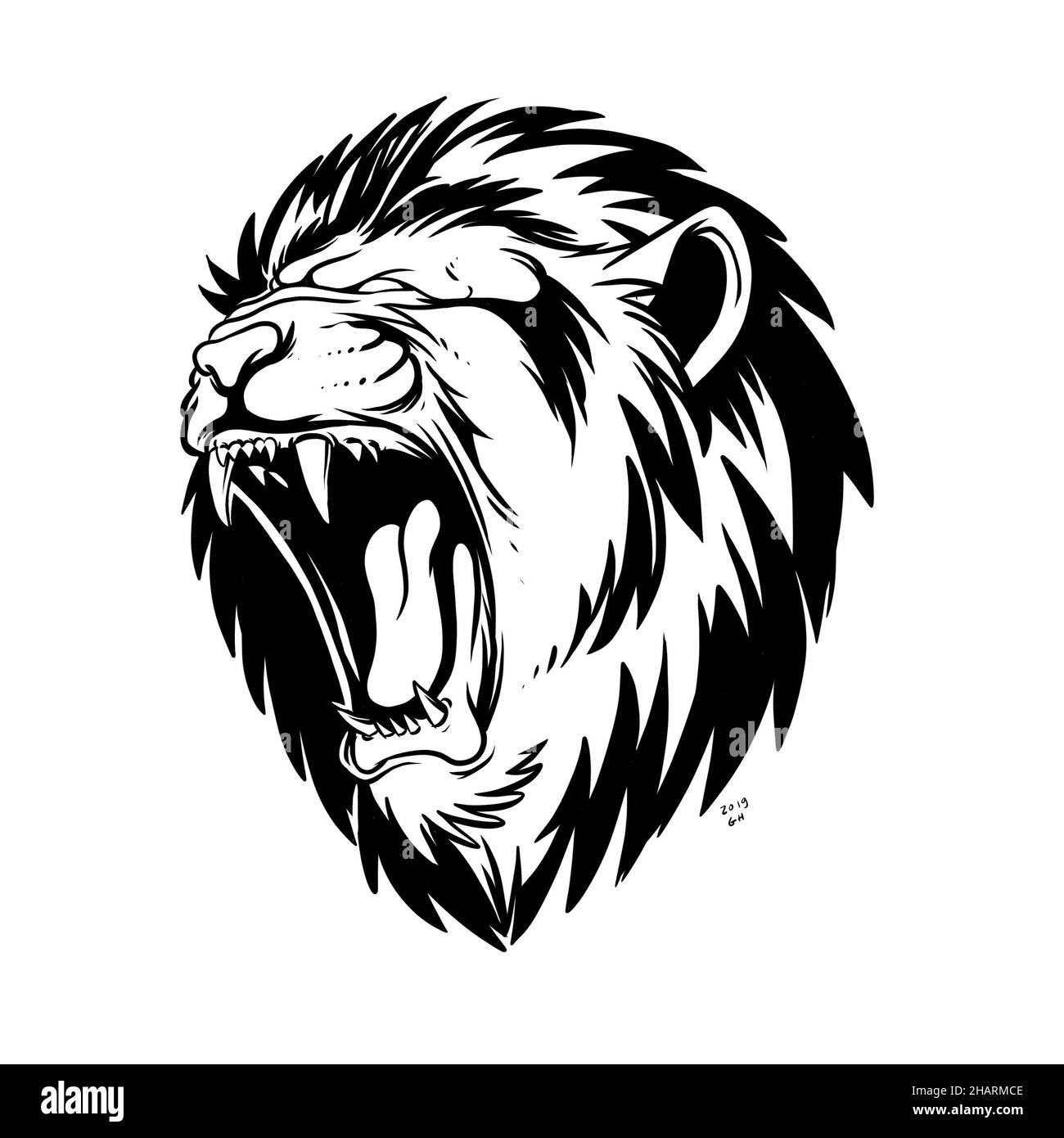 un león rugiente, el rey de la selva. una ilustración dibujada a mano de la cabeza de un animal salvaje. dibujo de la línea del arte para el emblema, el cartel, la pegatina, el tatuaje, etc. Foto de stock