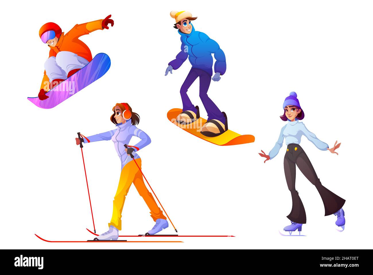 La gente practica deportes de invierno. Felices hombres y mujeres con ropa  de abrigo montando snowboard, caminando por esquís y patines. Personajes de  dibujos animados temporada de invierno recreación activa, entretenimiento de