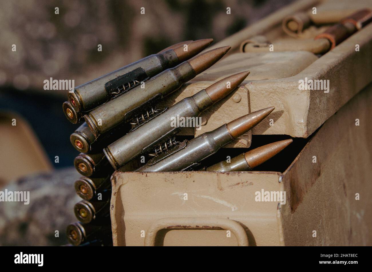 Un estaño de munición de metal con una correa de balas de ametralladora que viene de él. Mostrando algunos puntos de cerca Foto de stock