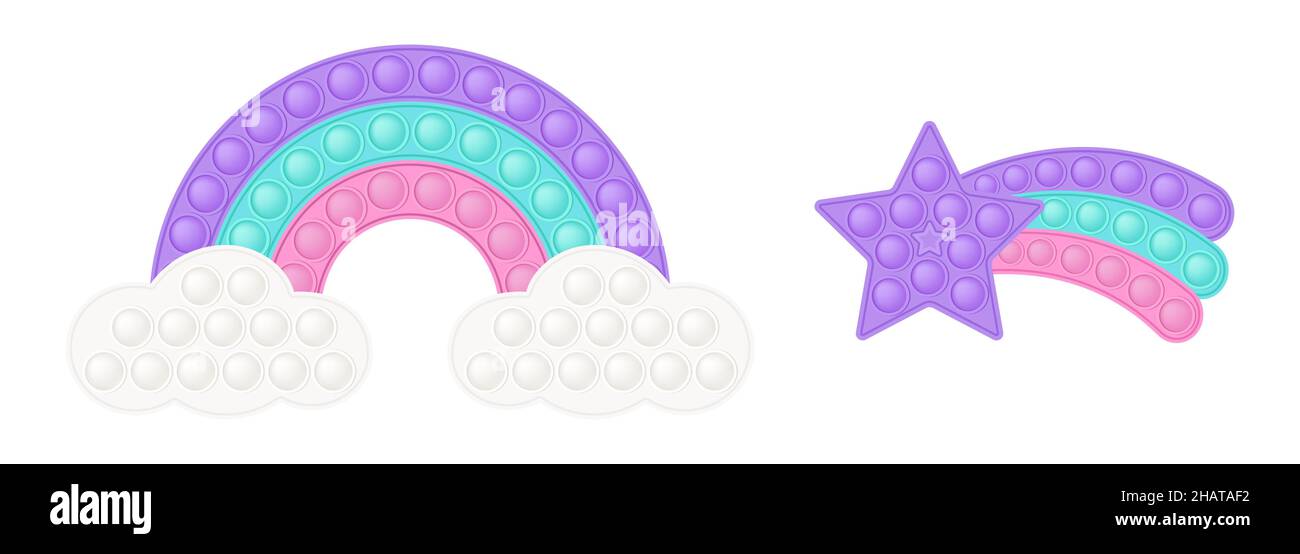 POPIT figura el arco iris pastel y la cola de estrella púrpura como un moderno juguete de silicona para los fidgets. Adictivo juguete antiestrés en colores coloridos. Burbuja develo Ilustración del Vector