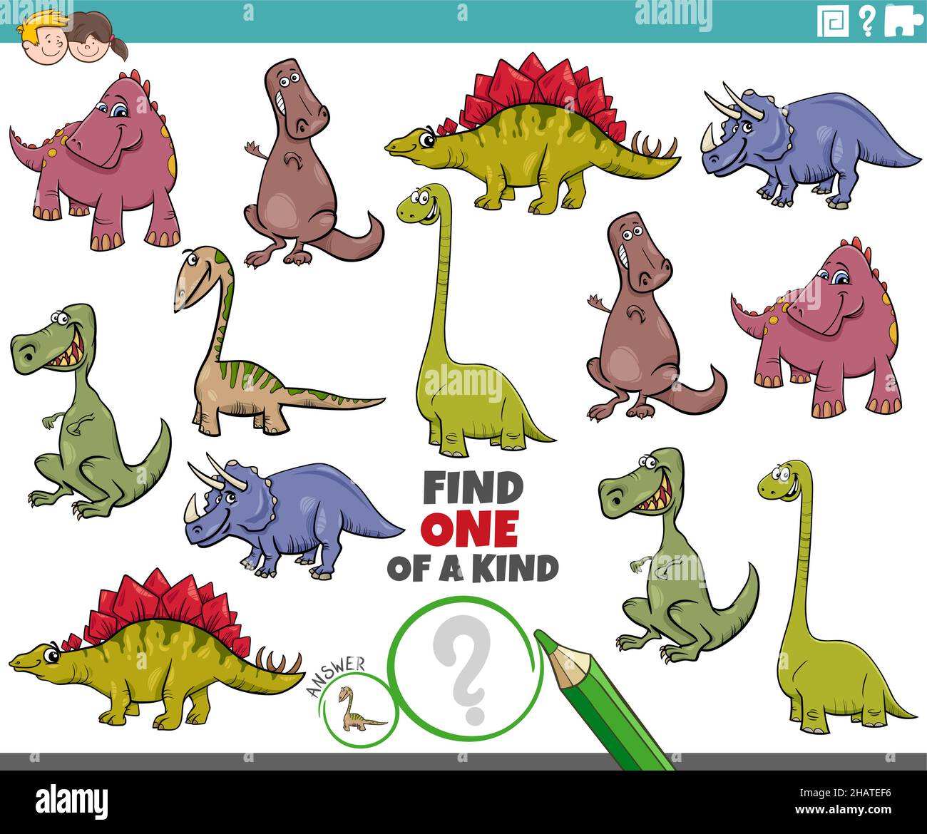 Ilustración de dibujos animados de encontrar uno de un tipo de juego  educativo con dinosaurios personajes de animales prehistóricos Imagen  Vector de stock - Alamy