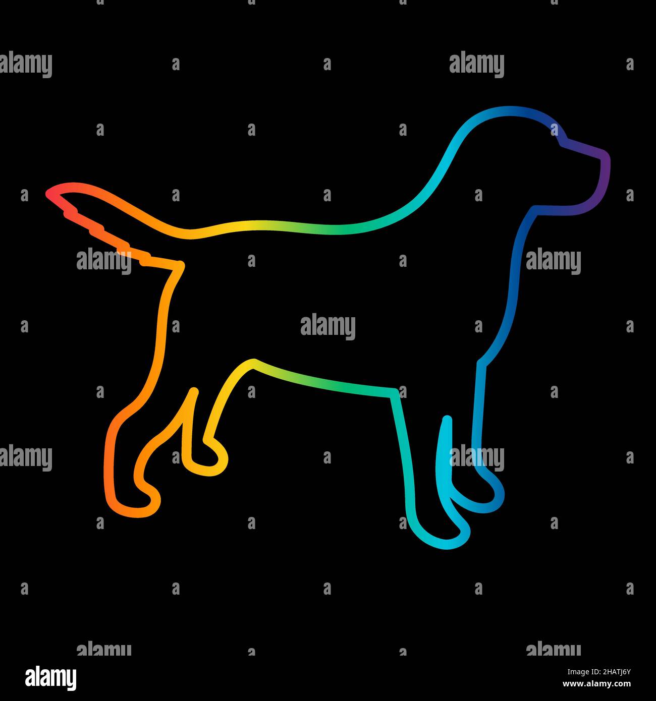 Silueta arcoiris de un perro sobre fondo negro. Ilustración vectorial. Ilustración del Vector