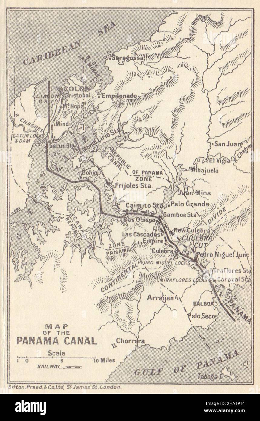 CANAL DE PANAMÁ. Mapa vintage. Ferrocarril. Muestra la zona del canal. Caribe 1923 años Foto de stock