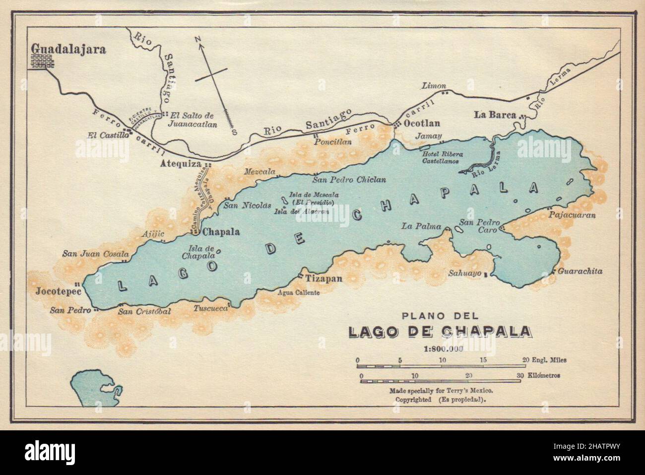 Plano Del Lago De Chapala Mexico Guadalajara 1935 Vieja Carta De Mapas Vintage 2hatpwy 