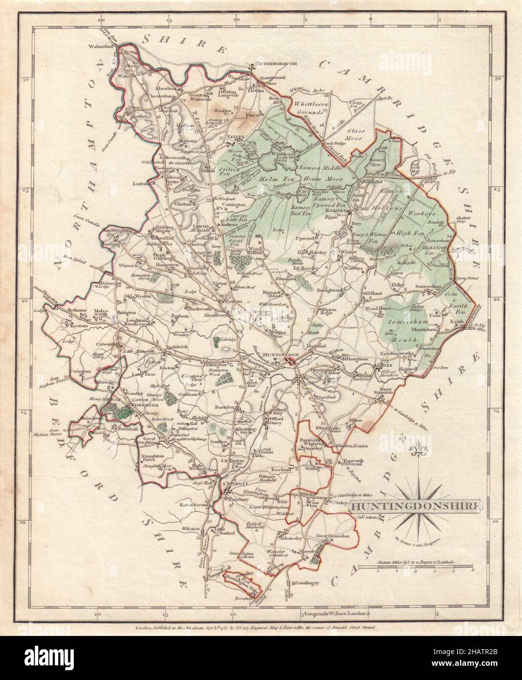 Mapa del condado de antigüedades de HUNTINGDONSHIRE POR JOHN CARY. Color de contorno original 1787 Foto de stock