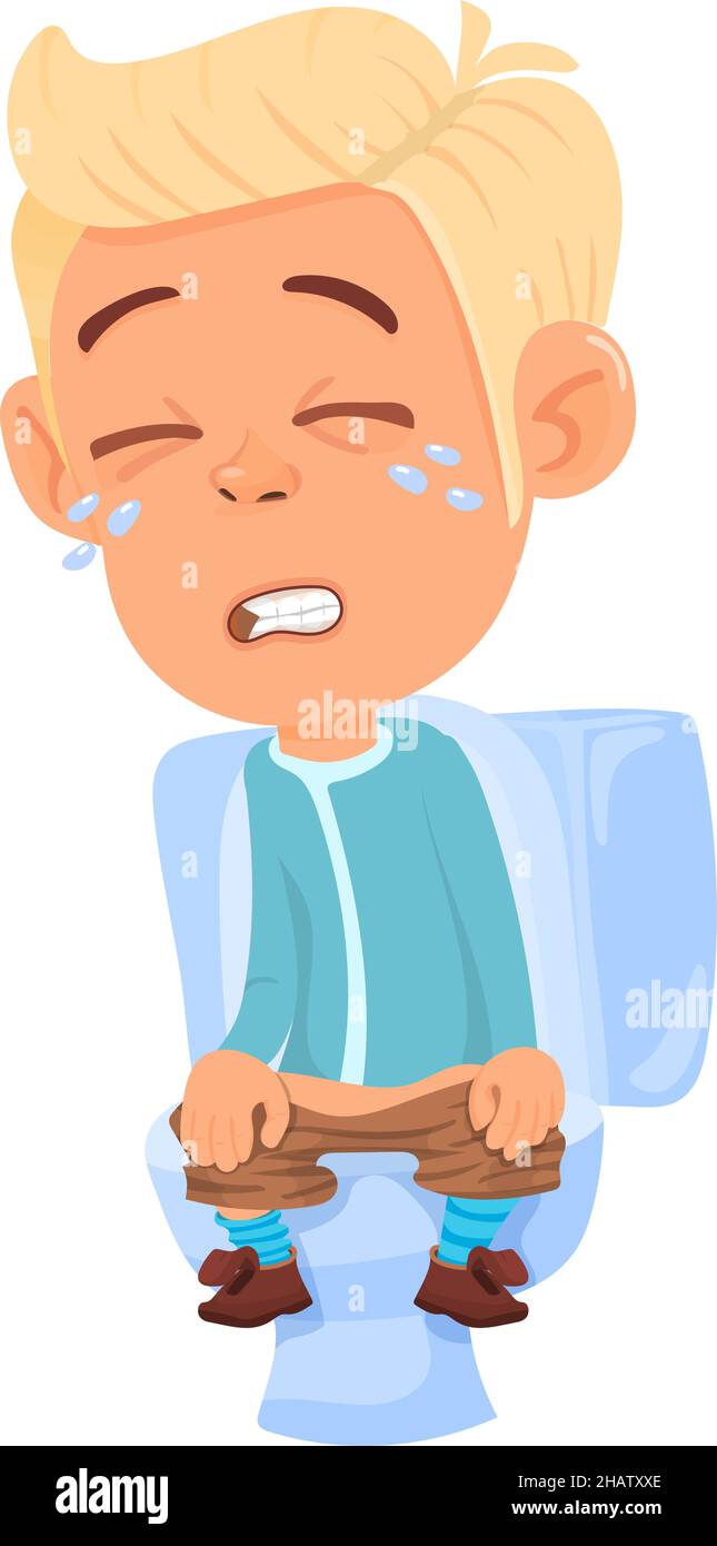Dolor de estómago infantil. Niño sentado en el inodoro. Personaje de dibujos  animados llorando Imagen Vector de stock - Alamy