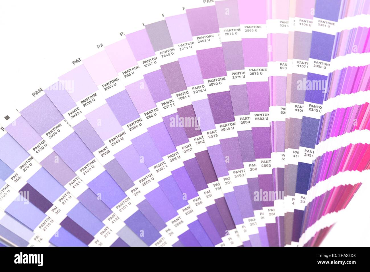 Paletas de papel lila púrpura. Varios tonos de violeta con adición de azul.  Ejemplos claros y oscuros de lila en paleta de colores. Paletas de colores  de muestra Fotografía de stock -