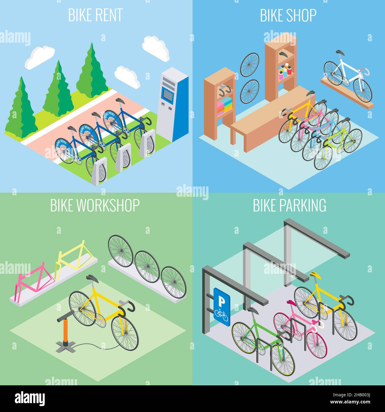 Vector de concepto de bicicleta de ciudad en estilo isométrico. Ilustración  en diseño plano 3D. Aparcamiento para bicicletas, taller de reparaciones y  alquiler de bicicletas Imagen Vector de stock - Alamy