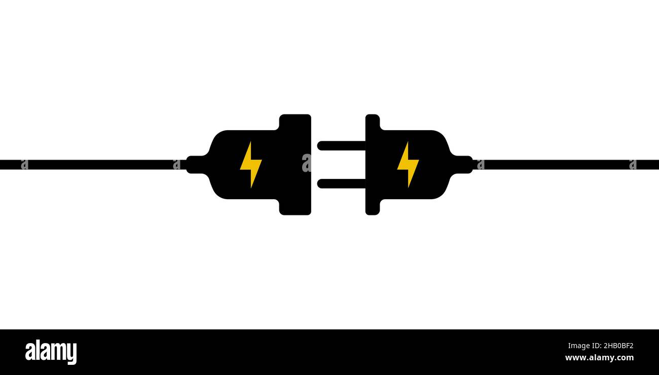 El cable eléctrico, el conector macho y el icono de conector hembra están desconectados. 404 Conexión a Internet, ilustración de código de error Ilustración del Vector