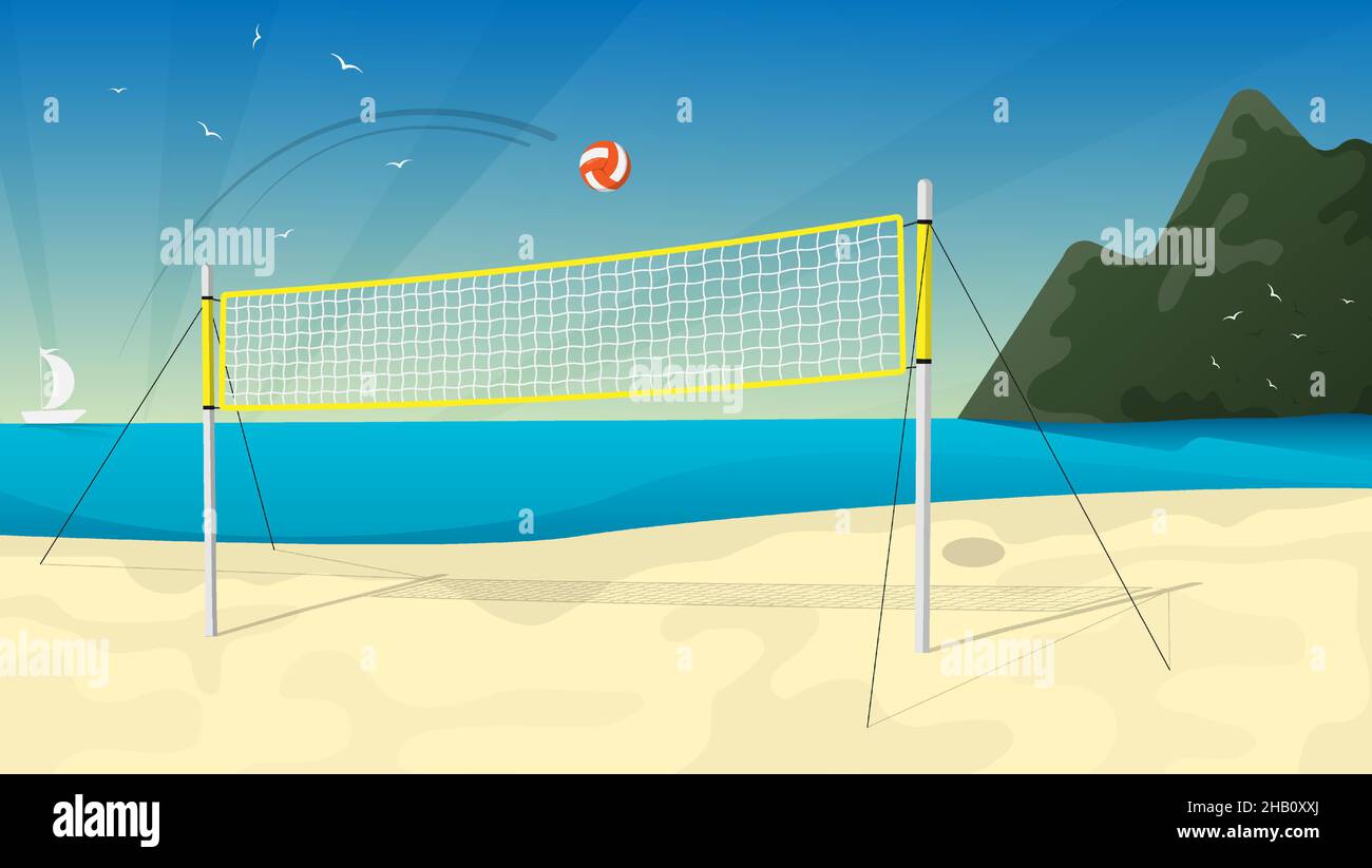 Endulzar cocina modelo cancha de voleibol de playa con red, con el telón de fondo del paisaje  marino. Frente al mar con campo de voleibol de playa. Terreno deportivo  para la recreación activa. Dibujos animados