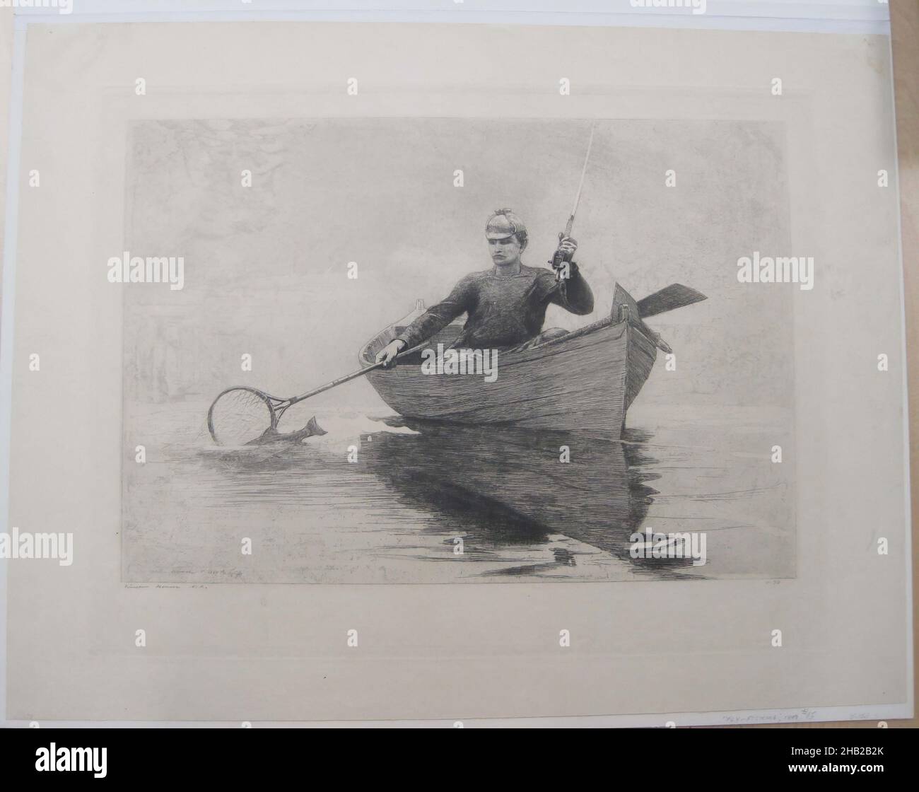 Pesca con Mosca, Winslow Homer, American, 1836-1910, Etching, 1889, Imagen: 17 3/8 x 22 7/16 pulg., 44,1 x 57 cm, pescador, barco, hobby, ocio, net, pasatiempo, deportivo Foto de stock