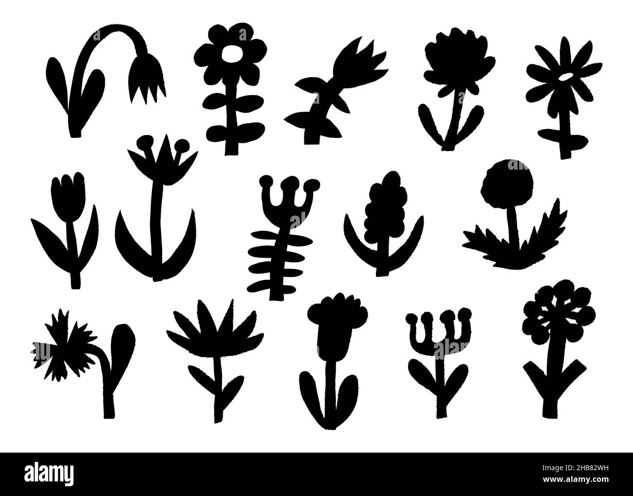 Flores abstractas de fideos. Plantas de dibujos animados dibujadas a mano. Divertida colección de flores vectoriales geométricas Ilustración del Vector