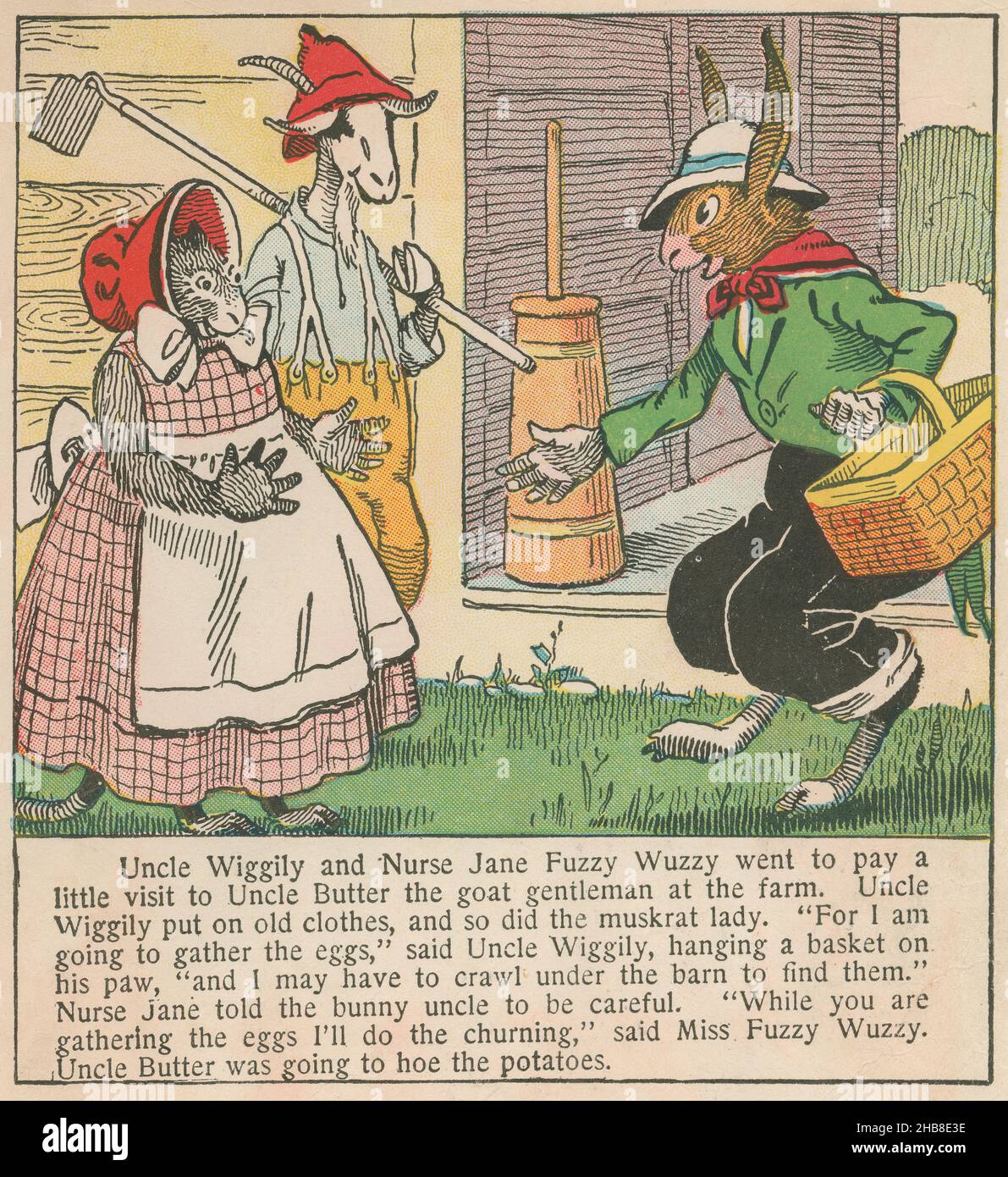 El tío Wiggily y la enfermera Jane Fuzzy Wuzzy visitan al tío Butter en la granja, de un libro de 1920 de Howard R. Garin. Foto de stock