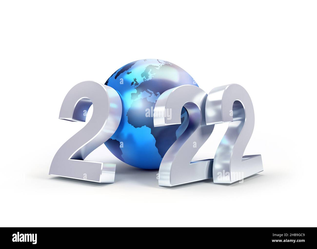 2022 Número de fecha de plata de Año Nuevo compuesto por un globo terráqueo azul, aislado sobre blanco - ilustración 3D Foto de stock