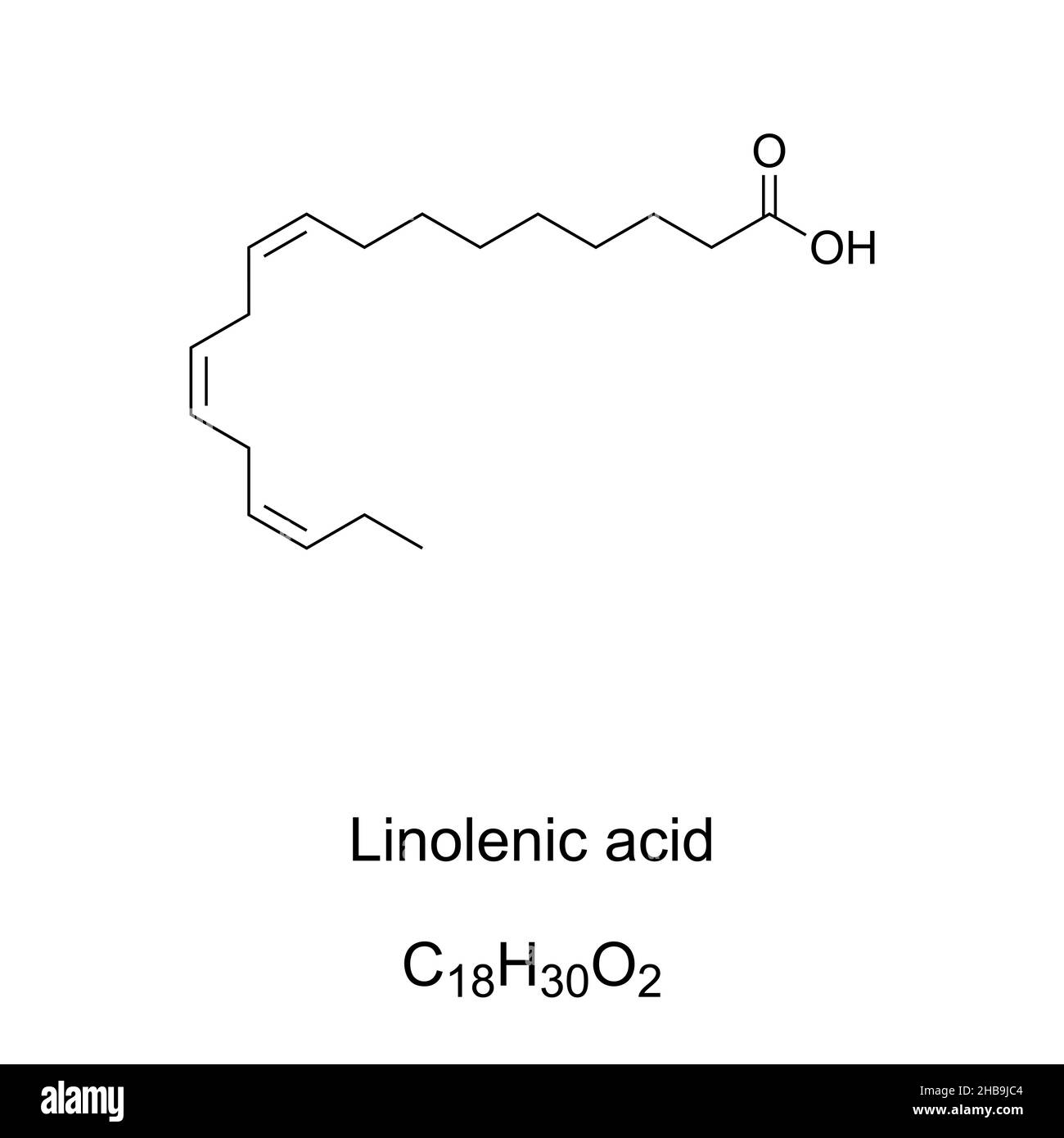 Ácido linolénico, fórmula química. Ácido alfa-linolénico, ALA. Ácido graso esencial Omega-3. Los aceites de semilla son las fuentes más ricas de ALA. Foto de stock