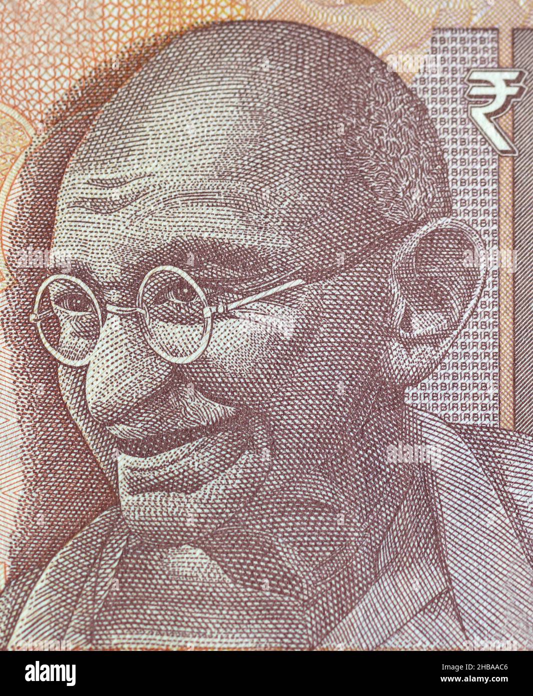 Parte de la nota de la moneda india - un retrato de Mahatma Gandhi, micro detalle Foto de stock