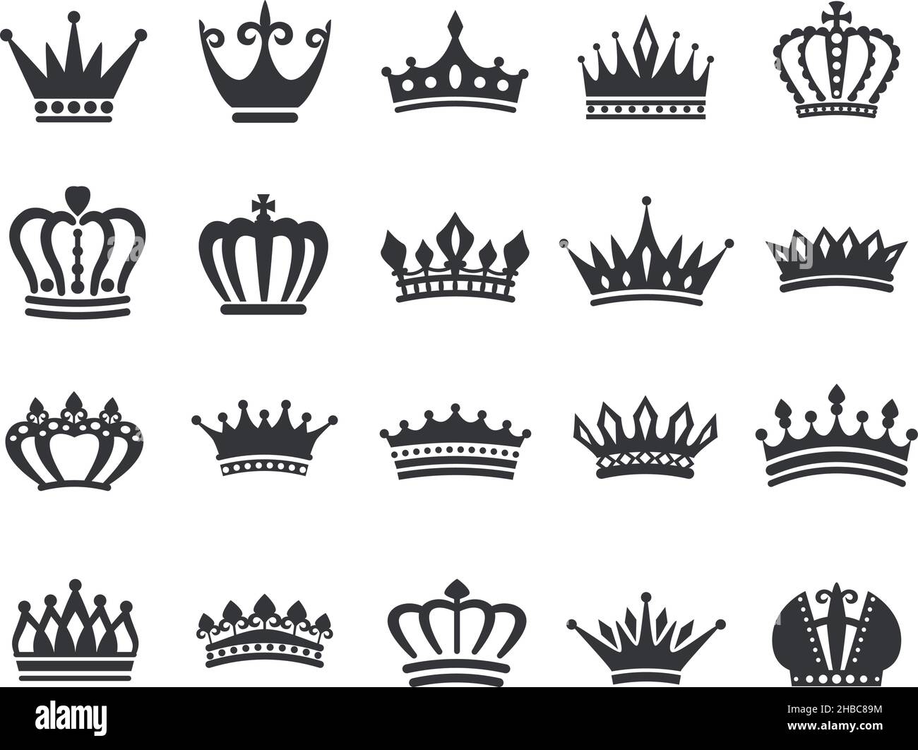 Silueta icono corona rey, tiara reina, logo corona real. Emblema de la dinastía de la energía la realeza, clásico negro heráldico vector conjunto. Joyería de lujo para príncipe o princesa,