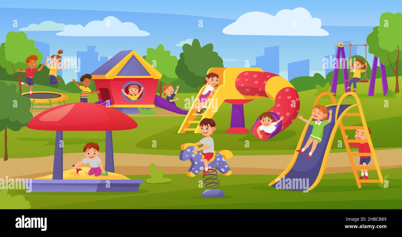 Saltando niños trampolín. Juegos infantiles activos en el patio de juegos  vector de dibujos animados fondo Imagen Vector de stock - Alamy