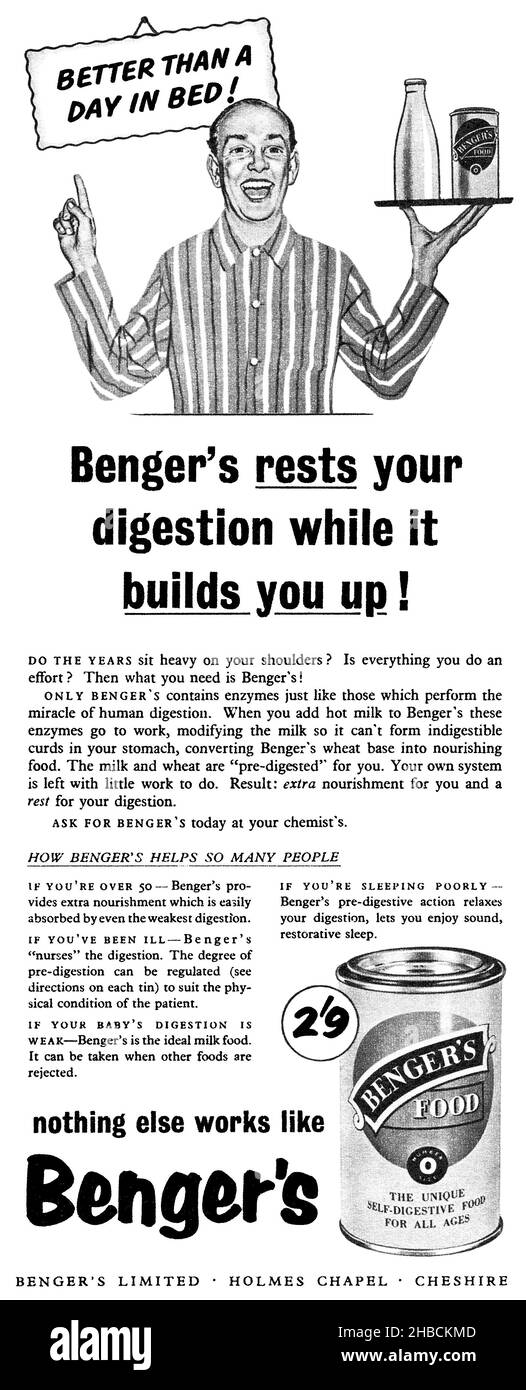 1954 Anuncio británico para Benger's Food. Foto de stock