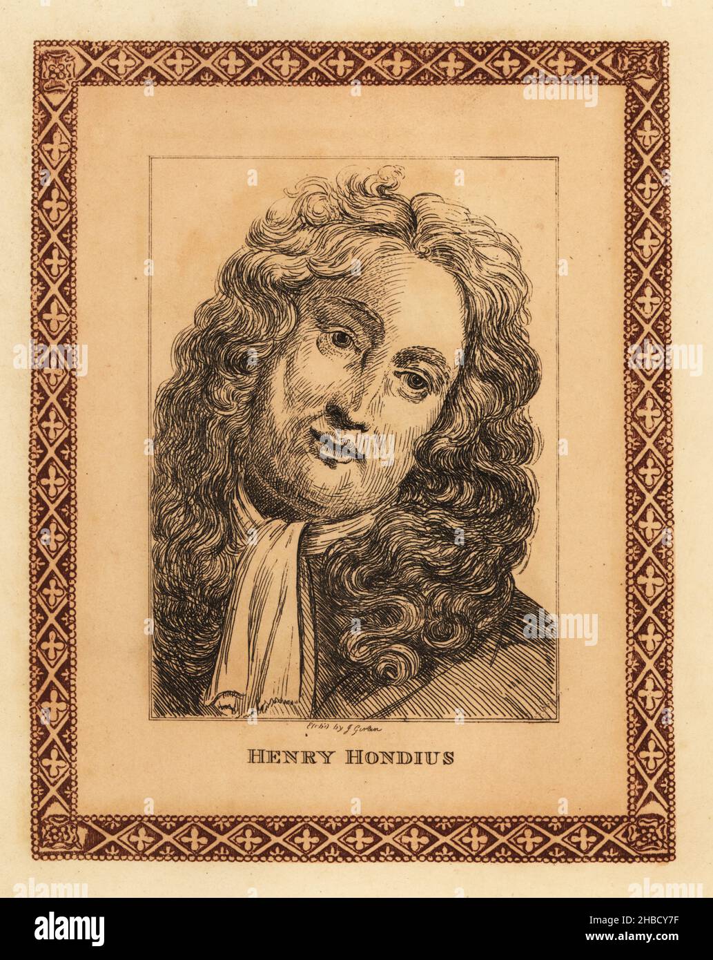 Retrato de Hendrik Hondius, 1573-1650, grabador de origen flamenco,  impresor, dibujante y editor que se asentaron en la República holandesa.  Henry Hondius. Grabado teñido dentro de una frontera decorativa por John  Girtin