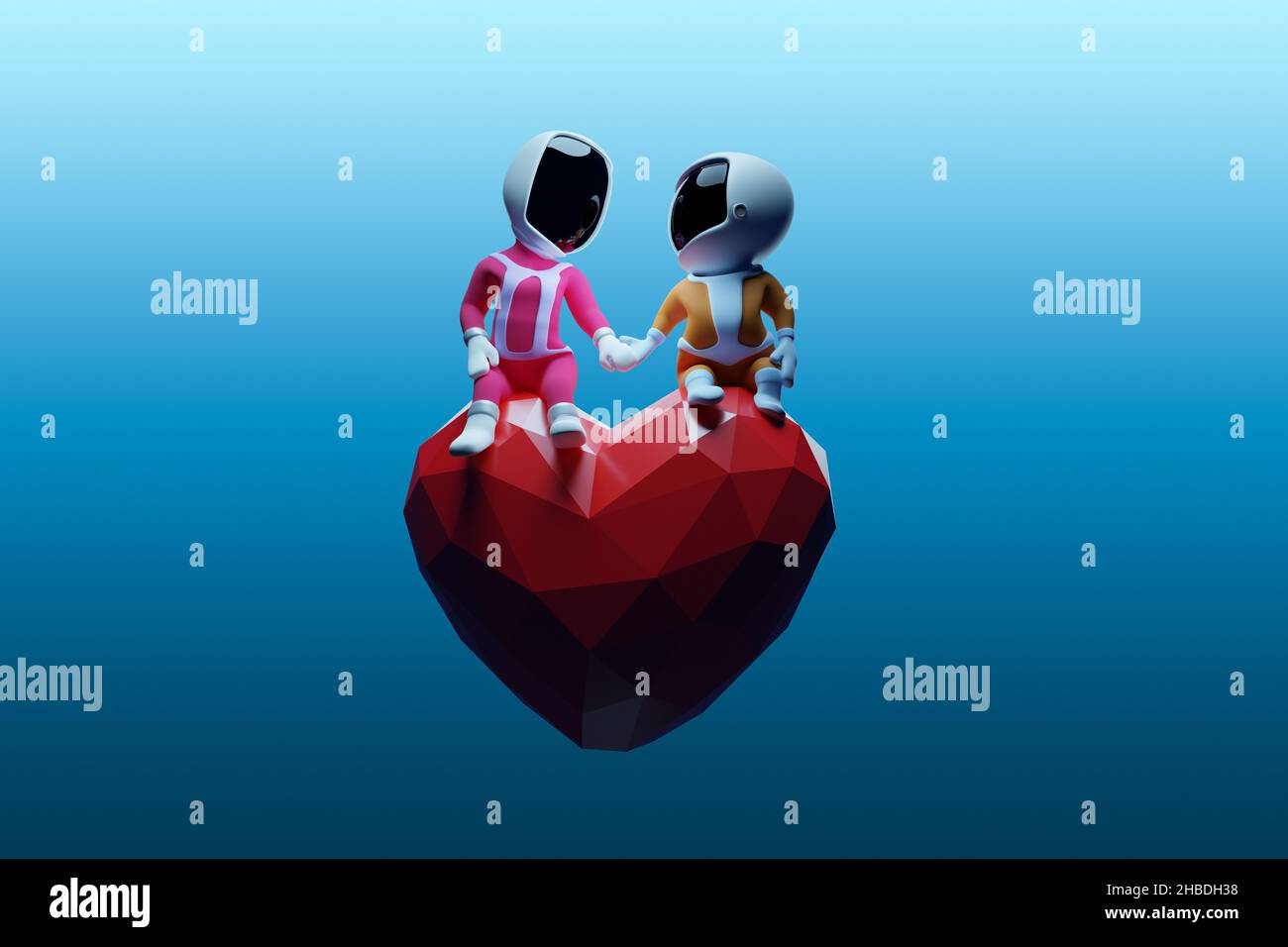 Spaceboy y spacegirl sosteniendo las manos mientras se sienta en un corazón. Día de San Valentín, hombre y mujer en amor, relación. 3D renderizado. Foto de stock