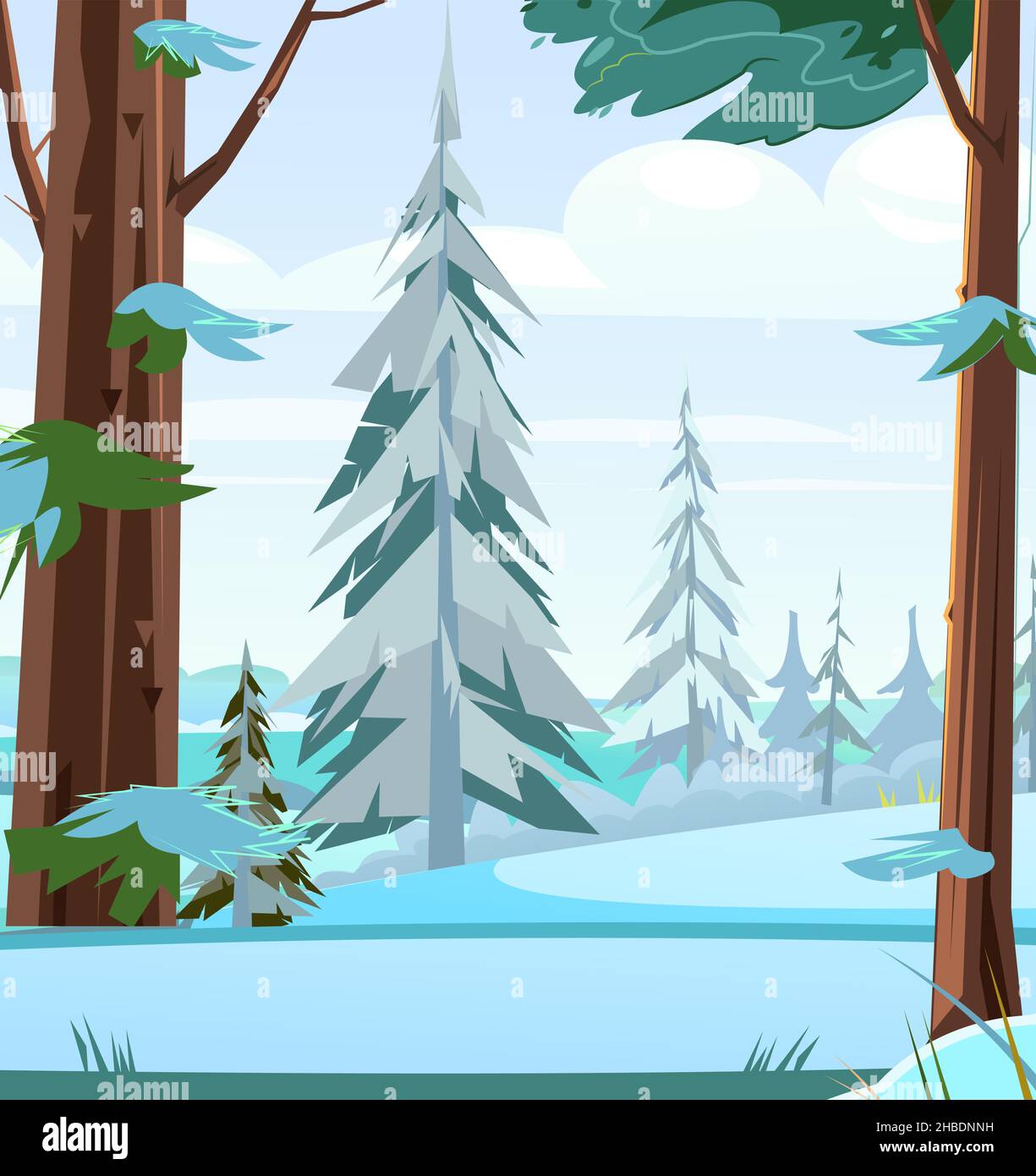 Día de invierno helado. Paisaje nevado con árboles. Pinos y picea. Hermosa escena rural. Temporada fría. Ilustración en diseño plano de dibujos animados. Vector Imagen Vector de stock - Alamy Día de invierno helado. Paisaje nevado con árboles. Pinos y picea. Hermosa escena rural. Temporada fría. Ilustración en diseño plano de dibujos animados. Vector Imagen Vector de stock - Alamy
