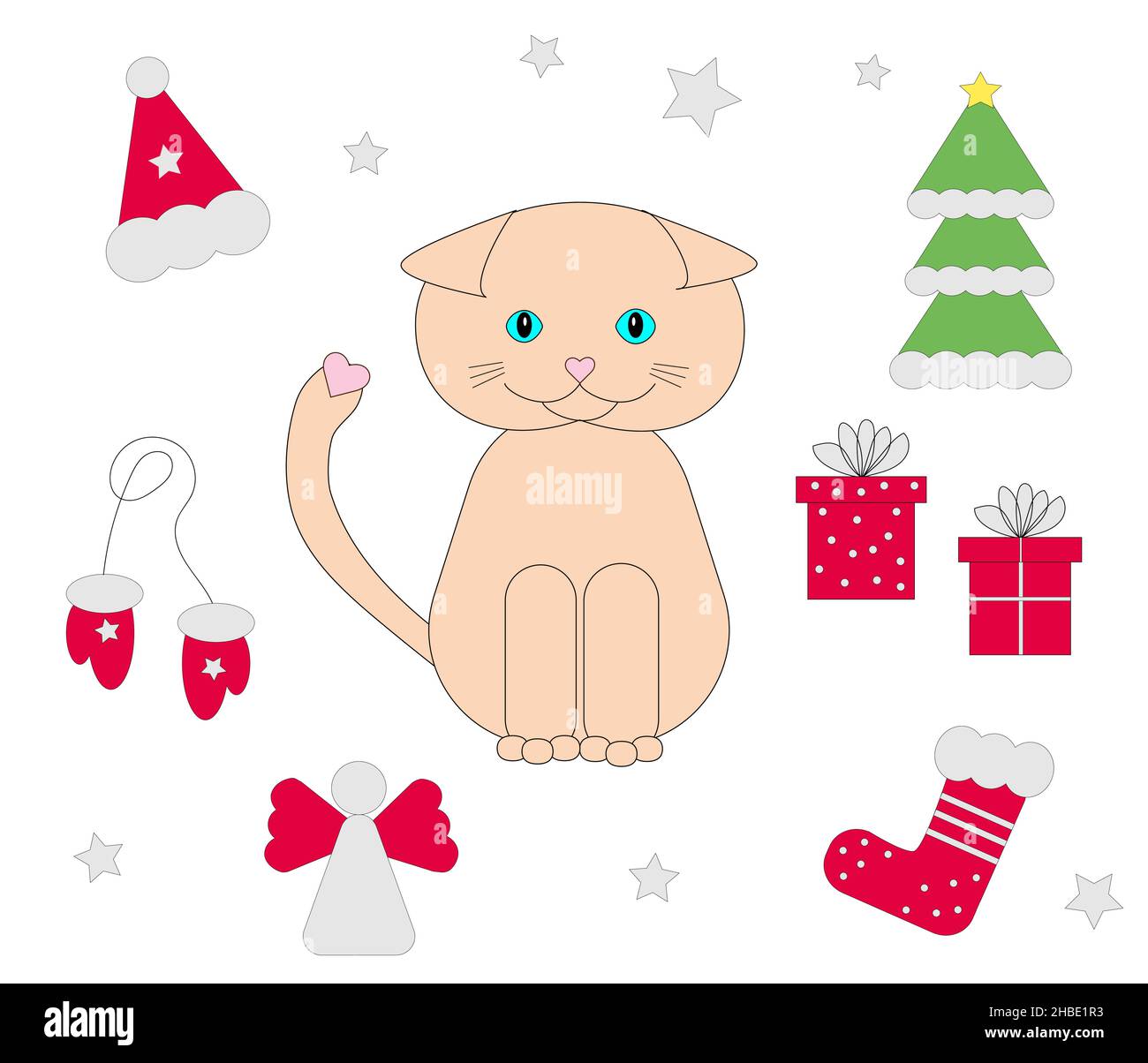 Juego de Año Nuevo Cute beige gato, un corazón rosa en la cola y la nariz  cerca, sombrero de santa, manoplas, calcetín, regalos, Árbol de Navidad,  ángeles con estrellas fugaces Imagen Vector