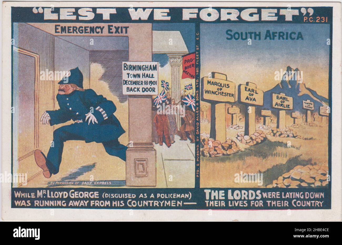 'Para que no nos olvidemos. Mientras el Sr. Lloyd George (disfrazado de policía) se alejaba de sus compatriotas, los Lores estaban deponiendo sus vidas por su país»: Postal publicada por la Unión Nacional de Asociaciones Conservadoras y Constitucionales durante el bloqueo del 'Presupuesto Popular' de 1909 por la Cámara de los Lores. Contrasta las acciones de David Lloyd George y los miembros de los Lores durante la Guerra de Boer, mostrando a Lloyd George huyendo de la violencia de la multitud después de que se dirigía a una reunión contra la guerra en el Ayuntamiento de Birmingham y tumbas de los Lores asesinados en Sudáfrica Foto de stock